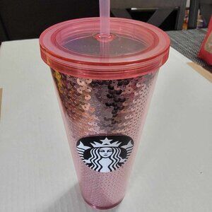 New Starbucks Pink Rose Sequin Venti Tumbler Cup 24 Oz. Rare 2017